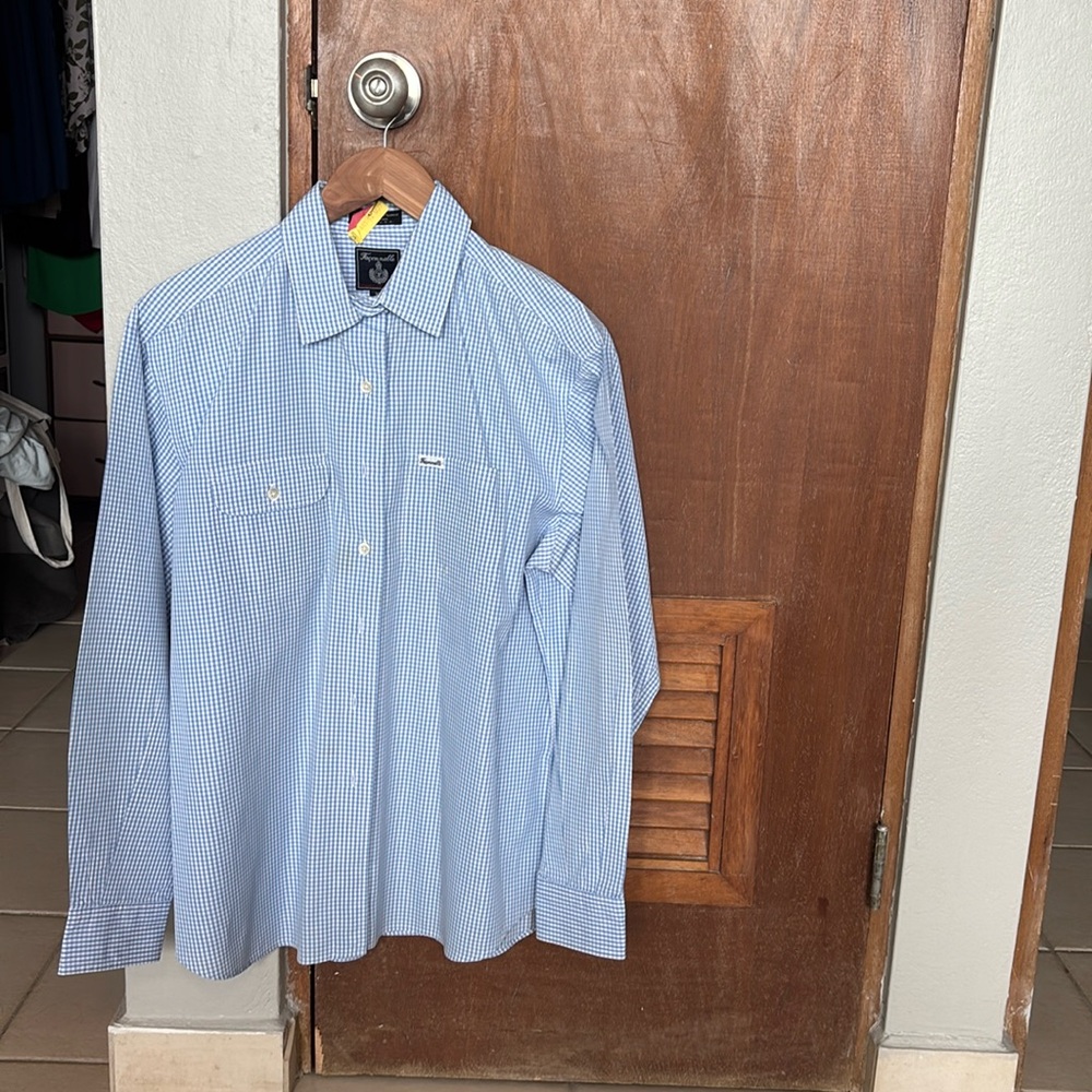 Faconnable, Men's Light Blue Plaid Long Sleeve Button Down Shirt, Size XL